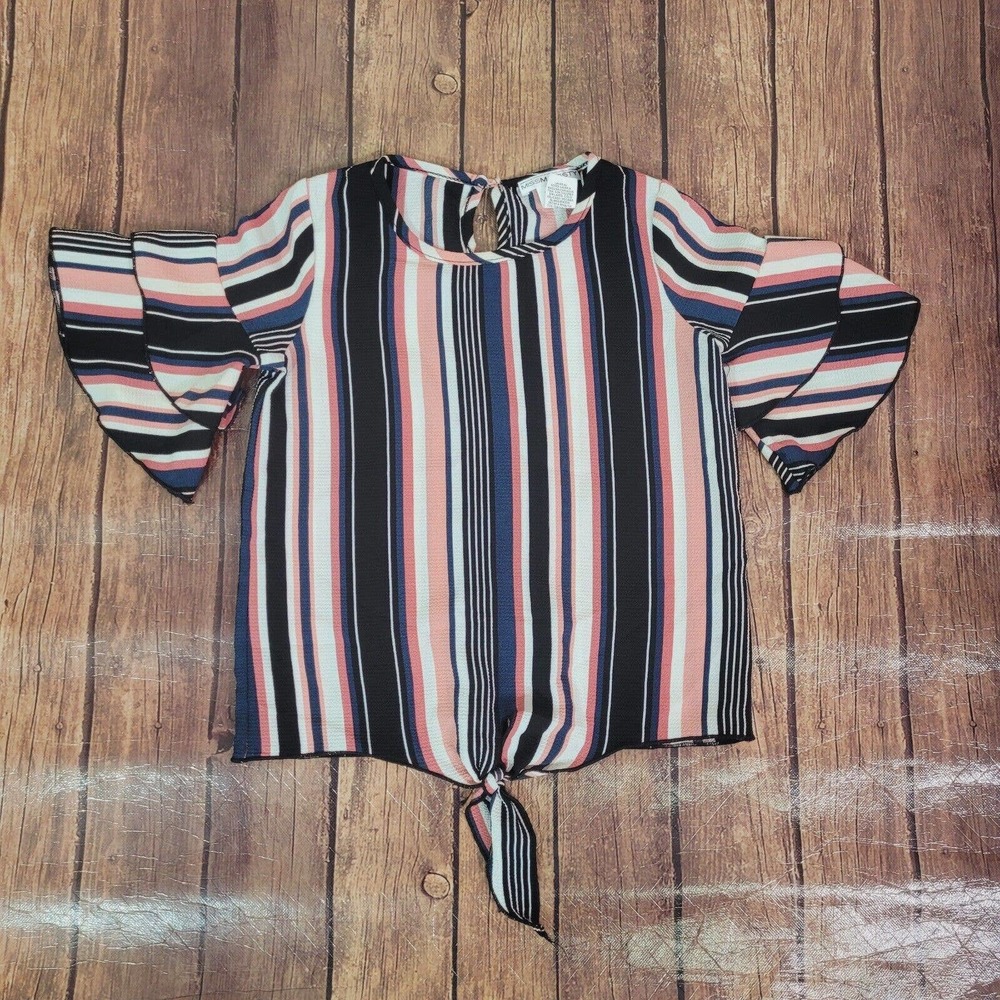 Miss Majesty Girls Top Black 7-8‎ Blouse Tie Waist Striped Short Tiered Sleeve